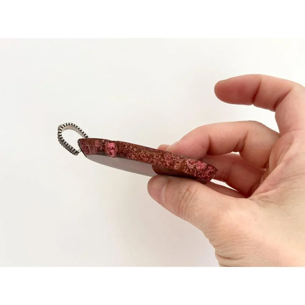 Red Sliced Agate Smooth Crystal Freeform Large Silver Toned Vintage Pendant